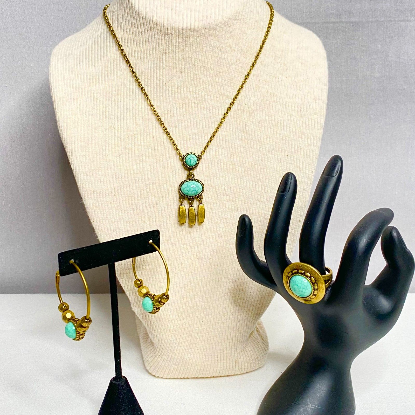 Mint Green Stone Parure Burnished Bronze Necklace, Earrings, Ring
